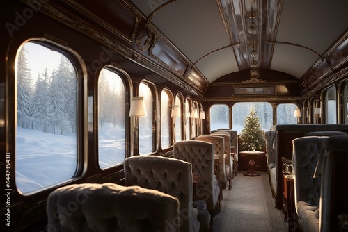 Opulent train interior travelling through snowy landscape. Large windows display wintery scenery. Generative AI