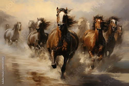Energetic horses galloping with strength. Generative AI © Celestina