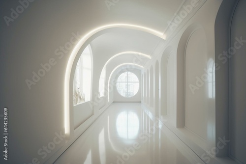 Sleek white passage with floor window and illumination  artfully depicted in 3D. Generative AI