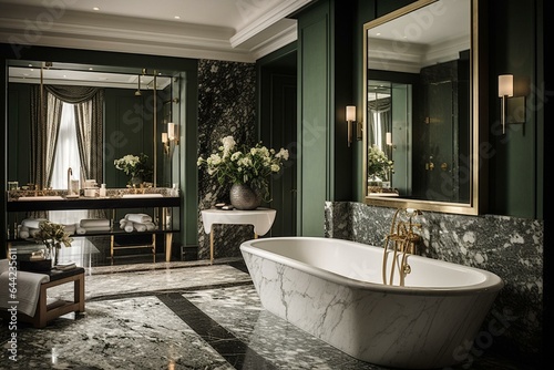 A sophisticated and opulent bathroom with understated elements adorned with olive green and white marble. Generative AI