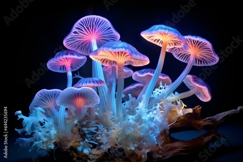 Bioluminescent fungi emit a vivid glow in ultraviolet illumination. Generative AI