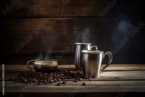 Best-selling premium morning brew on a rustic wooden backdrop. Generative AI