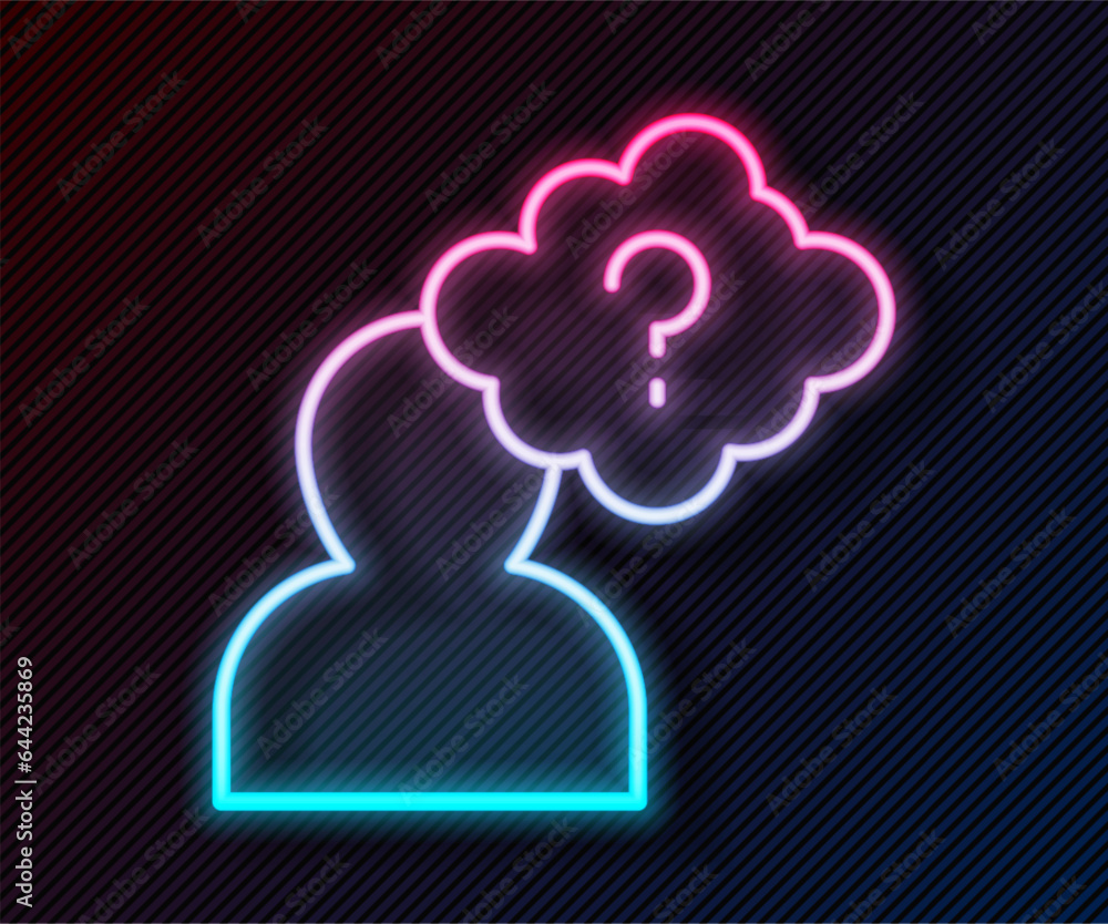 Glowing neon line Human head with question mark icon isolated on black background. Vector Glowing neon line Human head with question mark icon isolated on black background. Vector