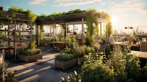 Design a high-resolution image of a restaurant's rooftop garden, with fresh herbs, vegetables, and a sustainable approach to dining