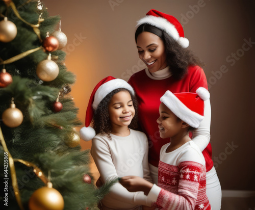 african american mother and daughter in santa claus hats decorating christmass tree together at home