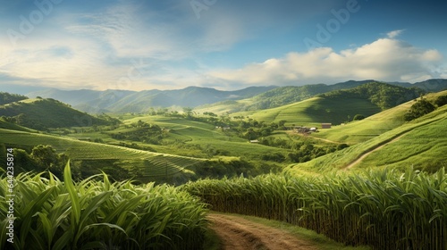 Design a high-resolution image of sugarcane plants against a picturesque backdrop of rolling hills