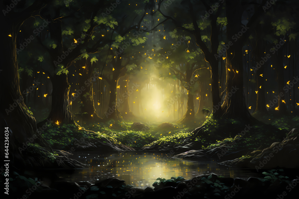 A magical forest illuminated by fireflies