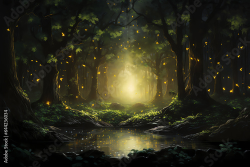 A magical forest illuminated by fireflies