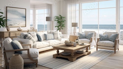 Design a high-resolution image of a coastal-themed living room with nautical decor, driftwood accents, and panoramic ocean views © Muhammad