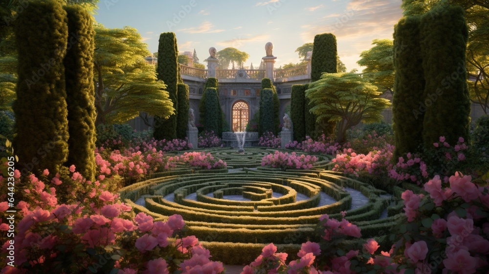 Fototapeta Design a high-resolution image of a garden labyrinth adorned with climbing roses, creating an enchanting and romantic atmosphere