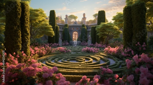 Fototapeta Design a high-resolution image of a garden labyrinth adorned with climbing roses, creating an enchanting and romantic atmosphere