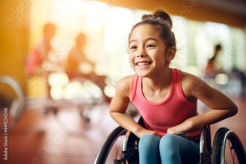 Happy disabled diverse young girl in a wheelchair doing sport