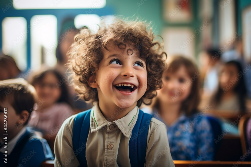 Young boy smiling during his first day at school, classroom Young boy smiling during his first day at school, classroom
