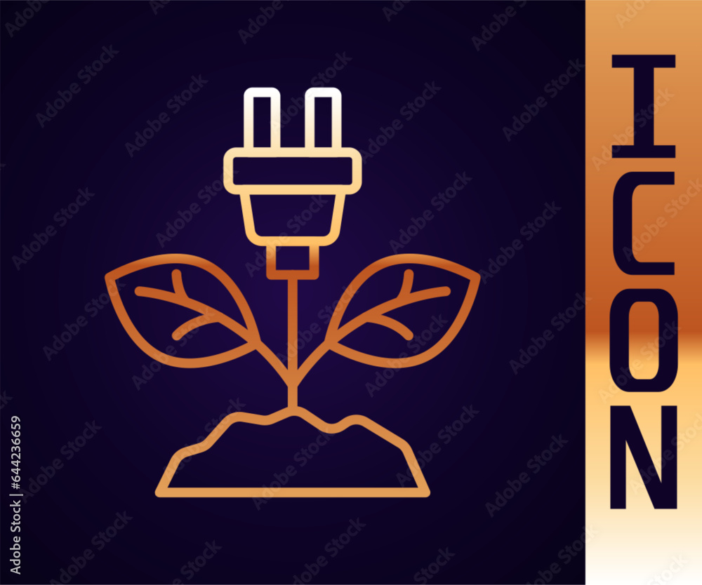 Gold line Electric saving plug in leaf icon isolated on black background. Save energy electricity. Environmental protection. Bio energy. Vector Gold line Electric saving plug in leaf icon isolated on black background. Save energy electricity. Environmental protection. Bio energy. Vector