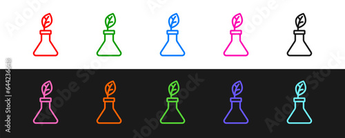 Set line Plant breeding icon isolated on black and white background. Plants growing in the test tubes. Organic food ,agriculture and hydroponic. Vector