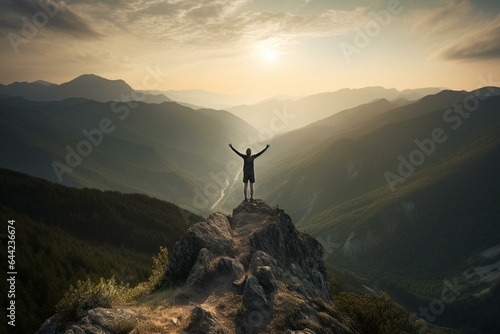 person on mountain, arms wide open, symbolizing freedom and new beginning. Generative AI