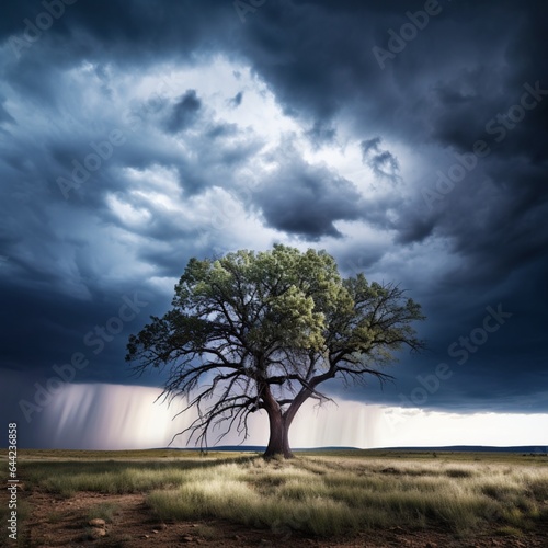Design a simple yet powerful image of a lone tree against a dramatic thunderstorm backdrop  symbolizing resilience in the face of adversity