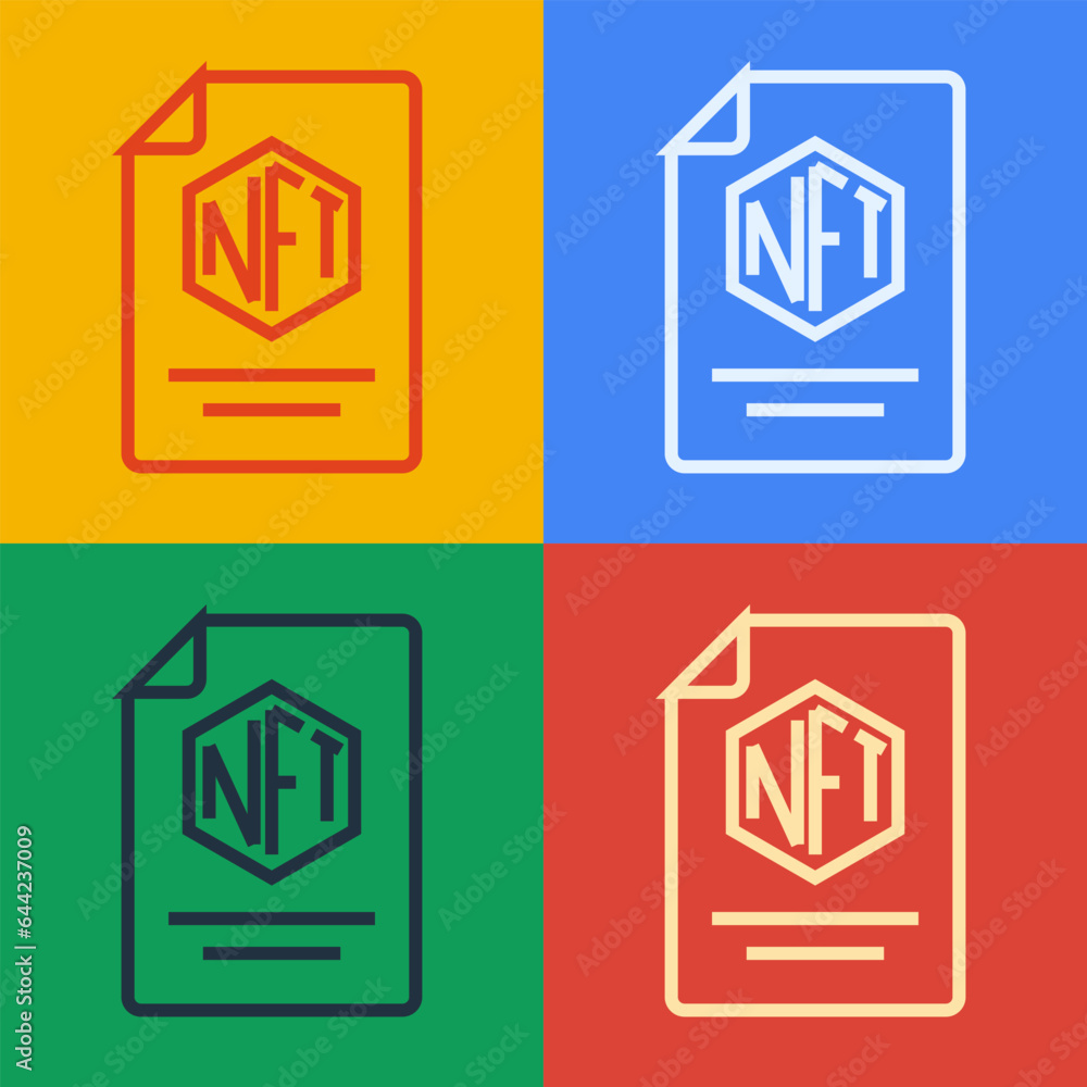 Pop art line NFT contract icon isolated on color background. Non fungible token. Digital crypto art concept. Vector Pop art line NFT contract icon isolated on color background. Non fungible token. Digital crypto art concept. Vector