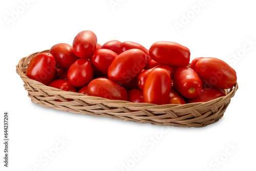 Red plum tomatoes in wicker basket isolated