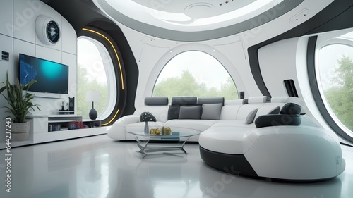 Futuristic interior of a living room in a modern home that's cutting edge in design and comfortable © Marcos