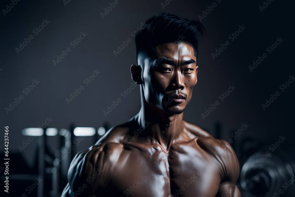 Muscular attractive asian man posing shirtless at the gym - obrazy, fototapety, plakaty 