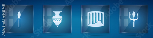 Set Medieval spear, Ancient amphorae, column and Neptune Trident. Square glass panels. Vector