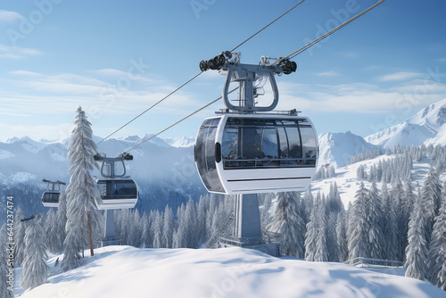 New modern cabin ski lift gondola against snowcapped forest tree and mountain peaks in luxury winter resort. Winter leisure sports, recreation and travel.