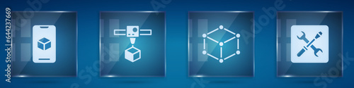 Set 3D printer software, cube, Isometric and setting. Square glass panels. Vector