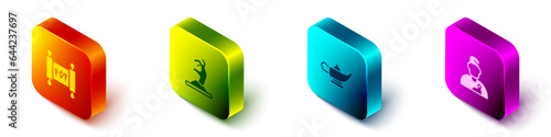 Set Isometric Magic scroll, Zombie hand, lamp or Aladdin and Wizard warlock icon. Vector