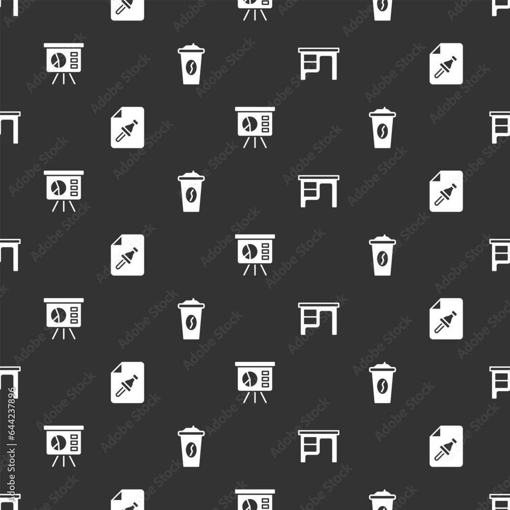Set Office desk, Note paper with push button, Board graph and Coffee cup go on seamless pattern. Vector Set Office desk, Note paper with push button, Board graph and Coffee cup go on seamless pattern. Vector