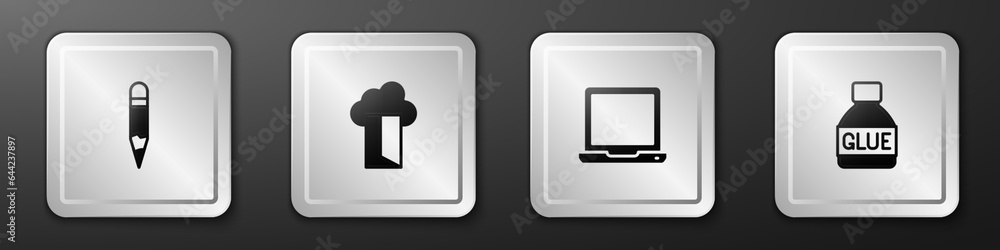 Set Pencil, Cloud database, Laptop and Glue icon. Silver square button. Vector Set Pencil, Cloud database, Laptop and Glue icon. Silver square button. Vector