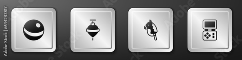 Set Beach ball, Whirligig toy, Toy horse and Tetris electronic game icon. Silver square button. Vector