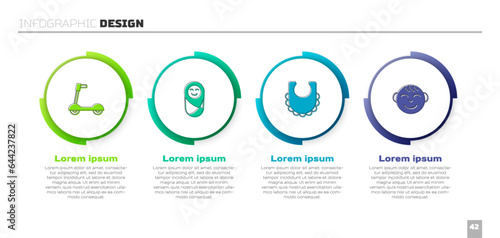 Set Roller scooter, Newborn baby infant swaddled, Baby bib and Little boy head. Business infographic template. Vector