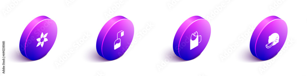 Set Isometric Flower, Tea bag, Cup of tea with rose and Lemon icon. Vector Set Isometric Flower, Tea bag, Cup of tea with rose and Lemon icon. Vector