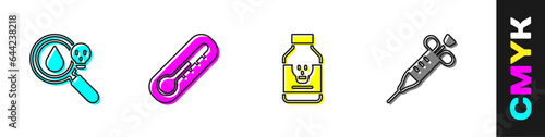 Set Poison magnifying glass, Thermometer, Poisoned pill and Syringe icon. Vector
