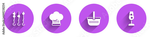 Set Grilled shish kebab on skewer, Chef hat, Picnic basket and Wine glass icon with long shadow. Vector