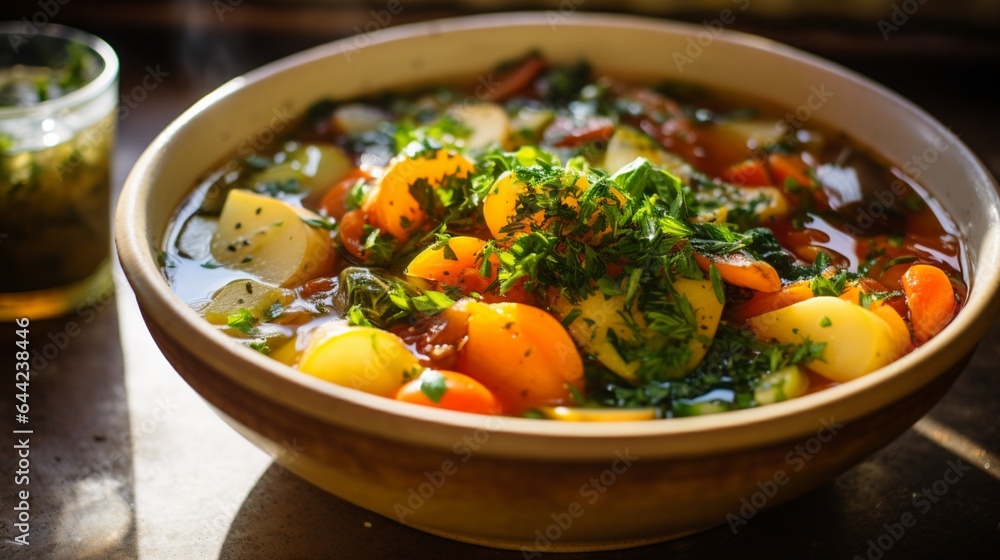 a steaming bowl of hearty vegetable soup, with vibrant vegetables, fragrant herbs, and a drizzle of olive oil
