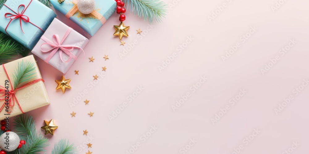 Merry Christmas and Happy new year. Festive background flat lay top view with gift boxes and festive decorative elements. Christmas gift box view from above, space for text