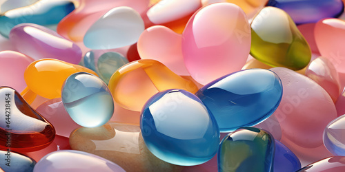 Pastel colored translucent glass water stones overlapping. Tender background wallpaper. 