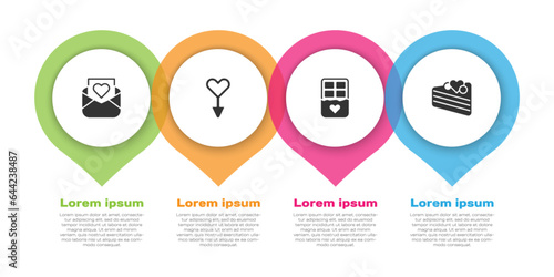Set Envelope with Valentine heart, Female gender symbol, Chocolate bar and Wedding cake. Business infographic template. Vector