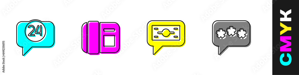 Set Telephone 24 hours support, handset, Stacks paper money cash and Speech bubble chat icon. Vector Set Telephone 24 hours support, handset, Stacks paper money cash and Speech bubble chat icon. Vector