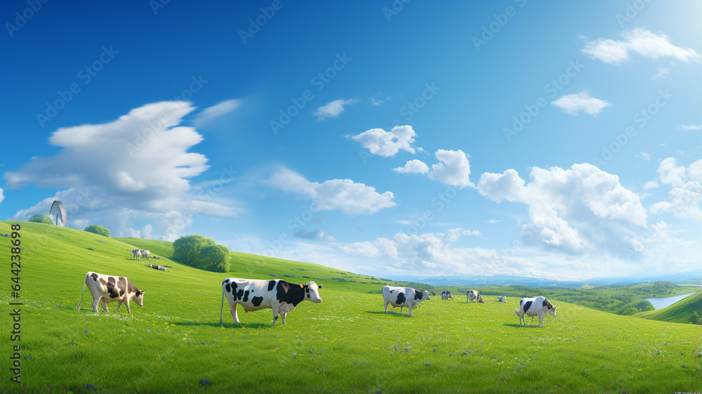 a herd of cows graze in a green meadow.