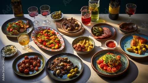 a tapas spread  with an assortment of small plates  Spanish olives  and glasses of sangria