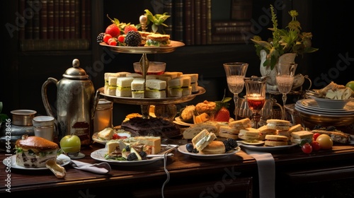 a traditional afternoon tea, with tiered trays of finger sandwiches, scones, and pastries