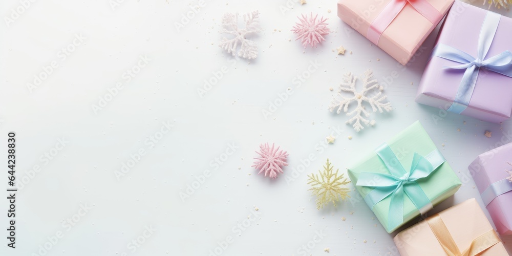 Merry Christmas and Happy new year. Festive background flat lay top view with gift boxes and festive decorative elements. Christmas gift box view from above, space for text Merry Christmas and Happy new year. Festive background flat lay top view with gift boxes and festive decorative elements. Christmas gift box view from above, space for text