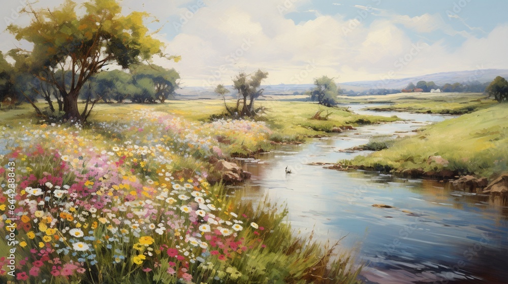 a tranquil scene of a meandering riverbank adorned with a profusion of wildflowers, creating a picturesque landscape