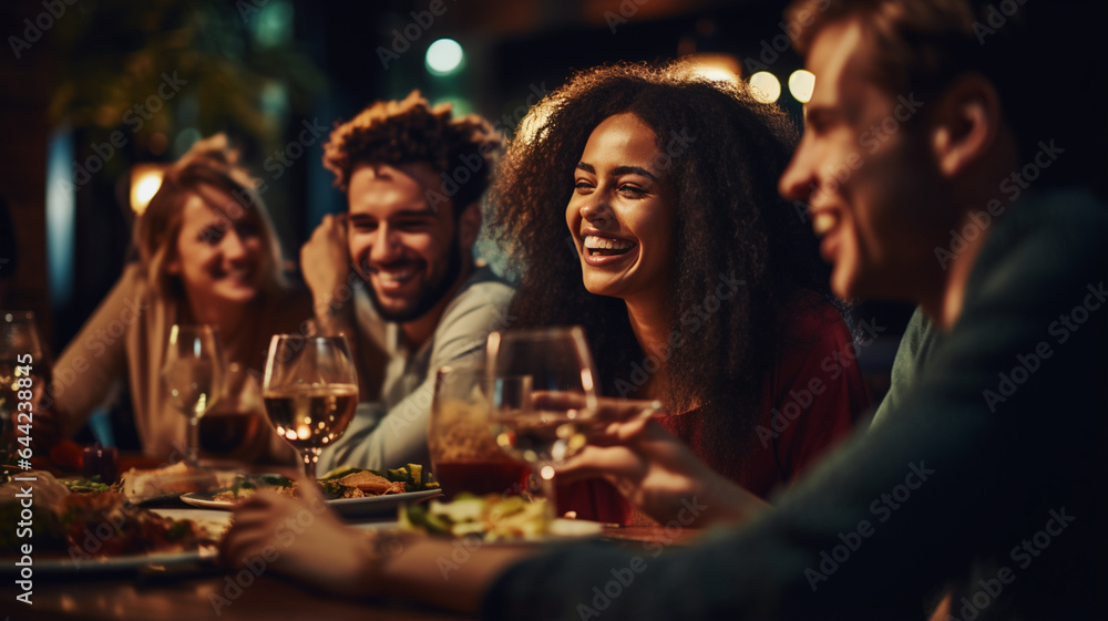 happy young people having dinner in the evening in a restaurant