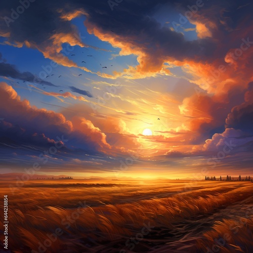 a vast plain at sunset, with golden fields stretching to the horizon and a tapestry of colors in the sky