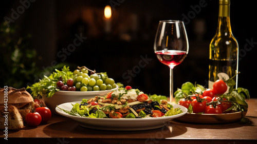 salad with chicken and vegetable and a glass of wine