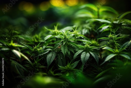 Cannabis plant with flowers. Growing cannabis indica. Green background of leaves. Medical Cannabis Concept with a copy space.